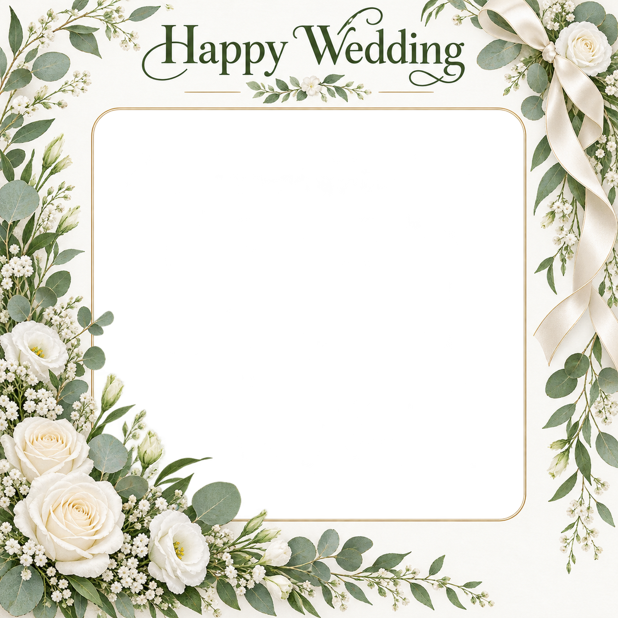 結婚報告写真フレーム｜白いバラ・白い花の華やかなフレームの無料イラスト 101185に写真・文字を入れる