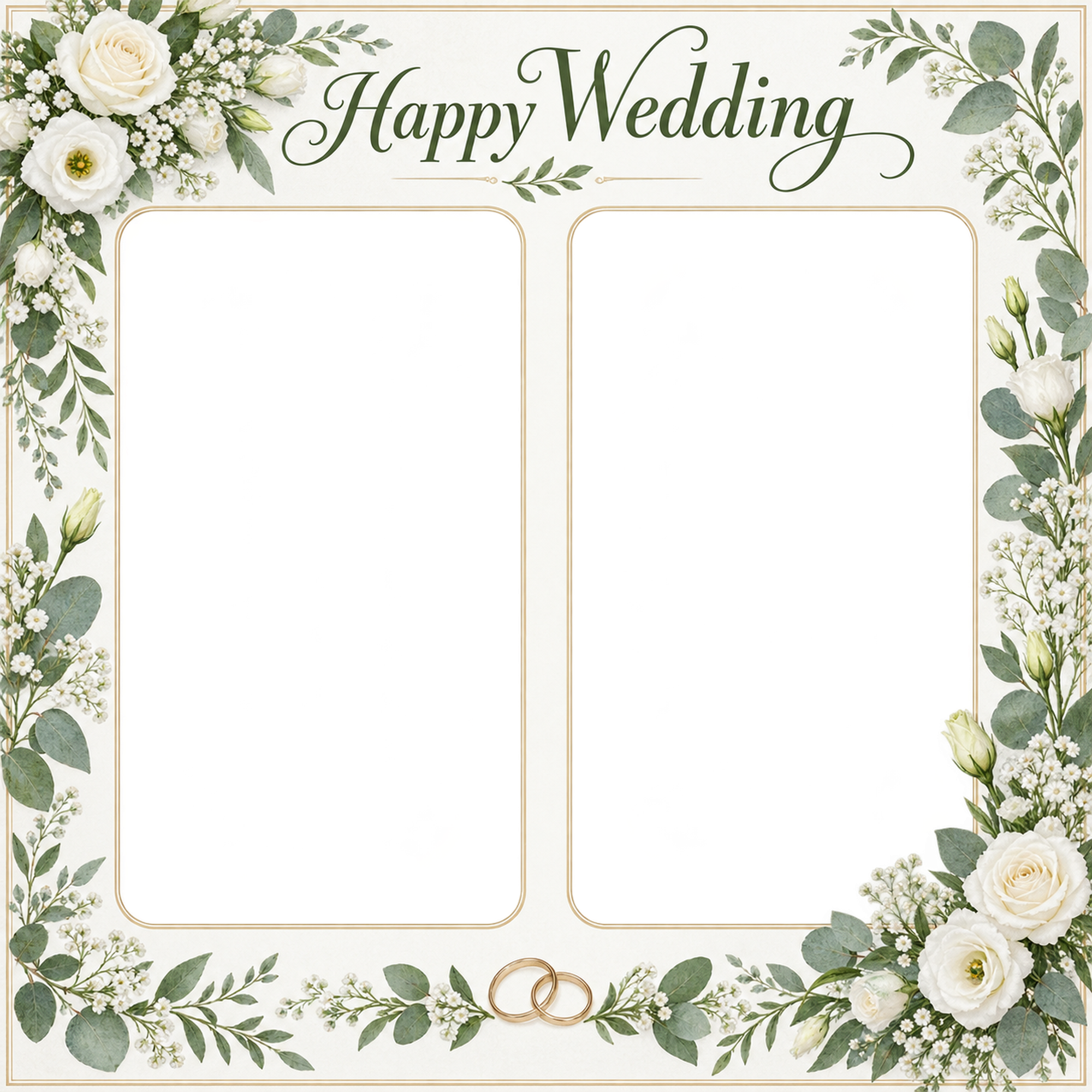 結婚報告写真フレーム｜白いバラ・並んだふたりの記念写真の無料イラスト 101186に写真・文字を入れる