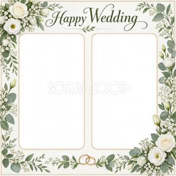 結婚報告写真フレーム｜白いバラ・並んだふたりの記念写真の無料イラスト 101186