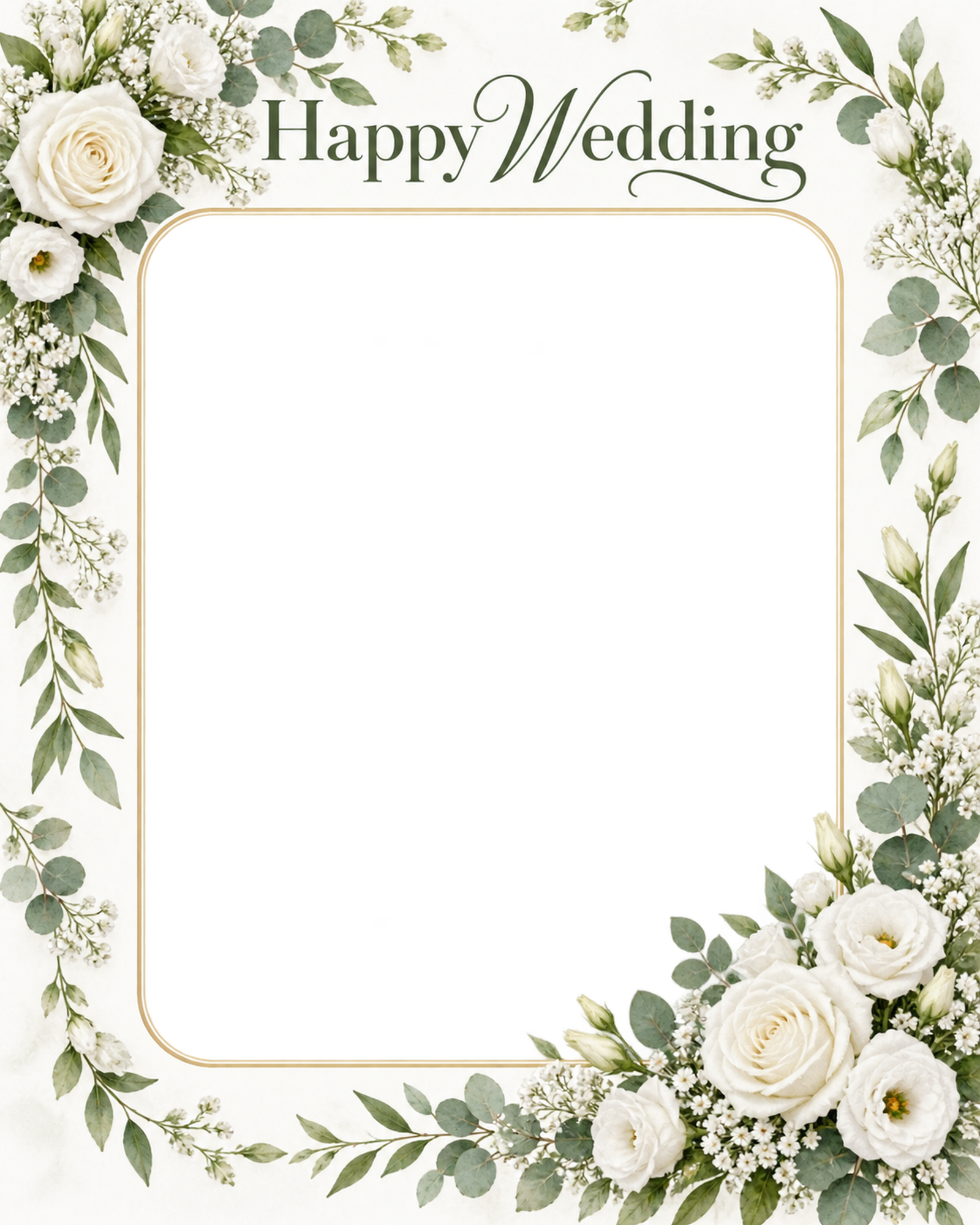 結婚報告写真フレーム｜白いバラ・やさしい花のゆるやかな花輪の無料イラスト 101187に写真・文字を入れる