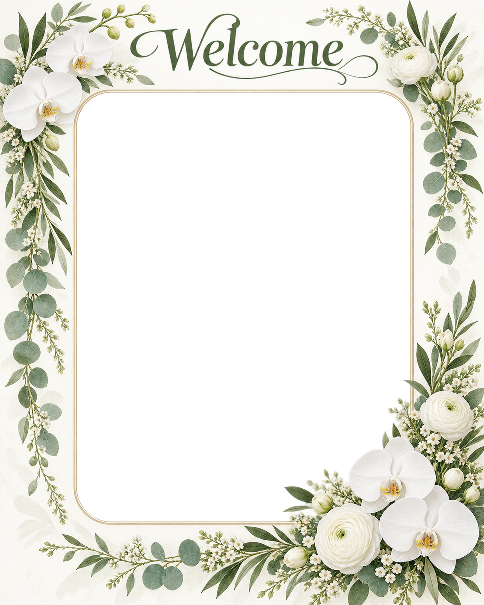 結婚式のウェルカム写真フレーム｜胡蝶蘭・やさしい花のゆるやかな花輪の無料イラスト 101200に写真・文字を入れる