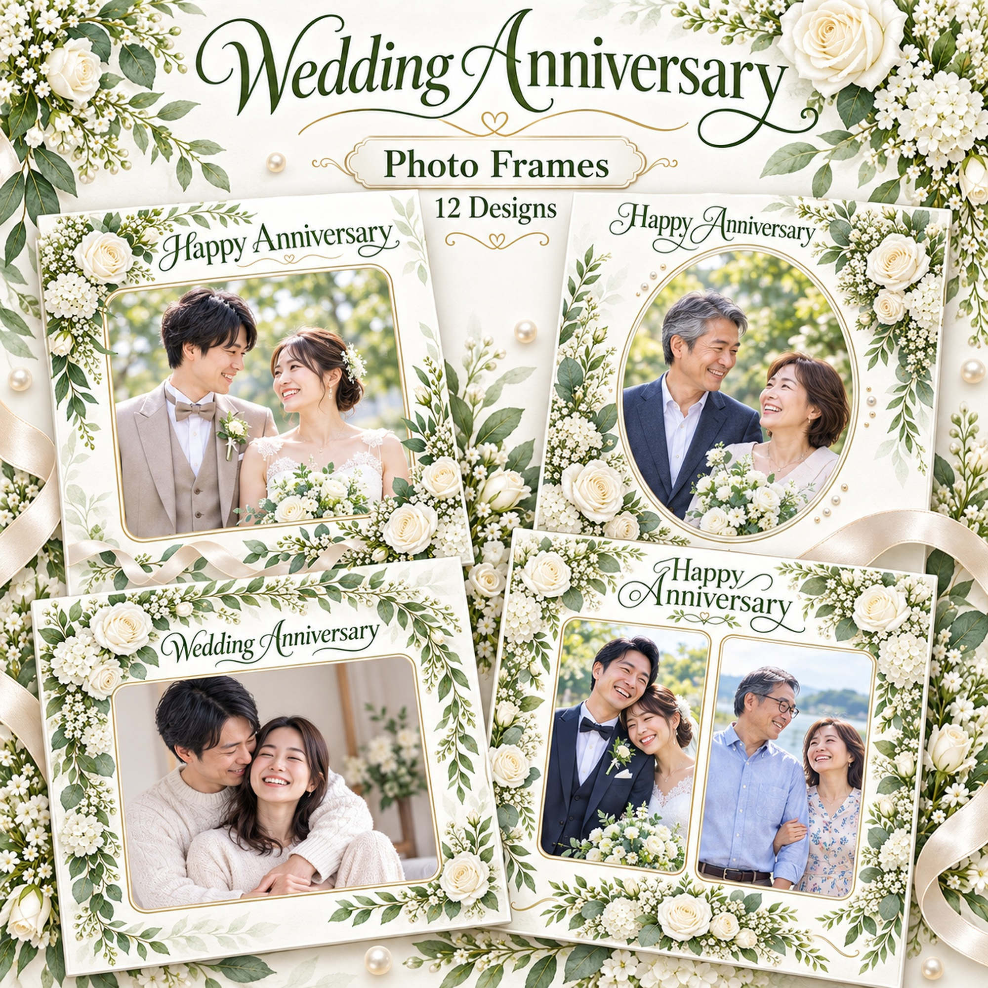 結婚記念日写真フレーム12選｜白い花とグリーンの記念アルバムの無料イラスト素材 101201に写真・文字を入れる