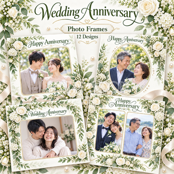 結婚記念日写真フレーム12選｜白い花とグリーンの記念アルバムの無料イラスト素材 101201