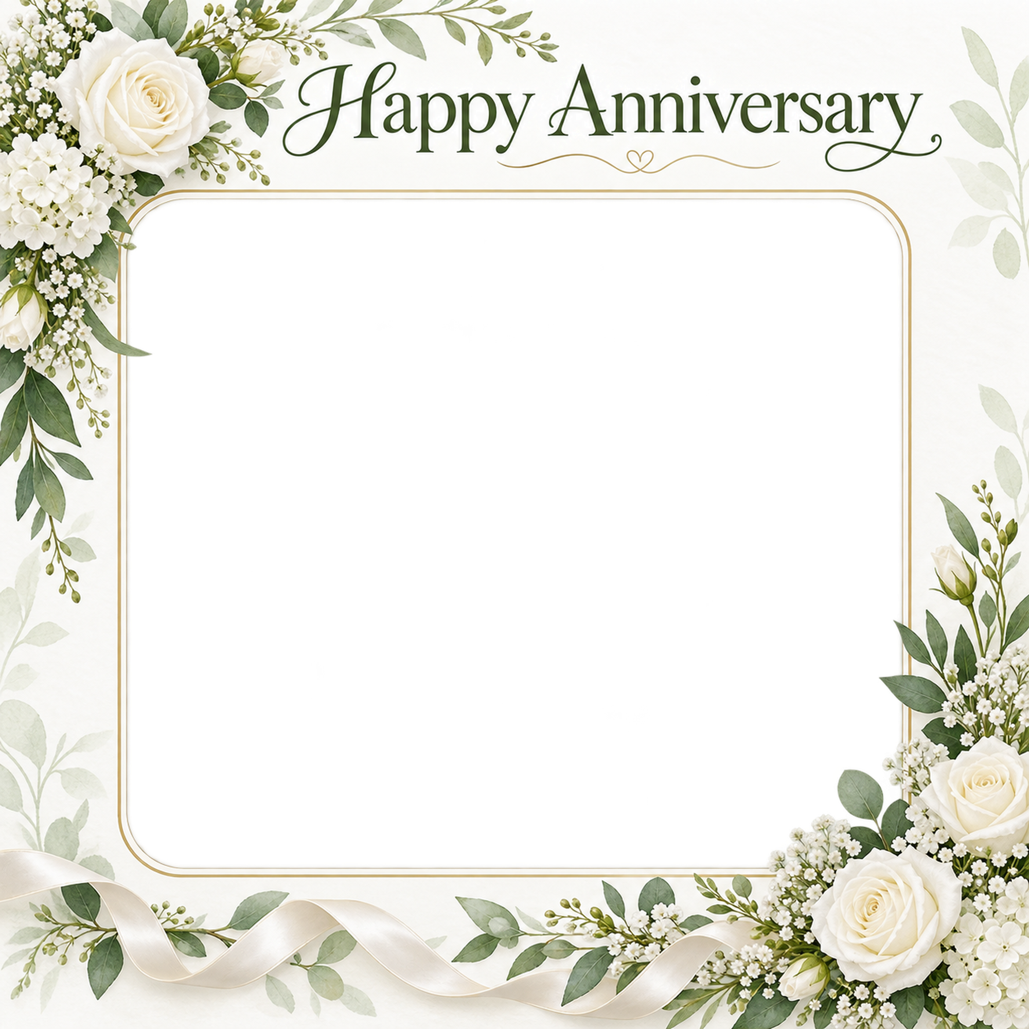 結婚記念日写真フレーム｜白いバラと小花・花の角飾りと細いリボンの無料イラスト 101202に写真・文字を入れる