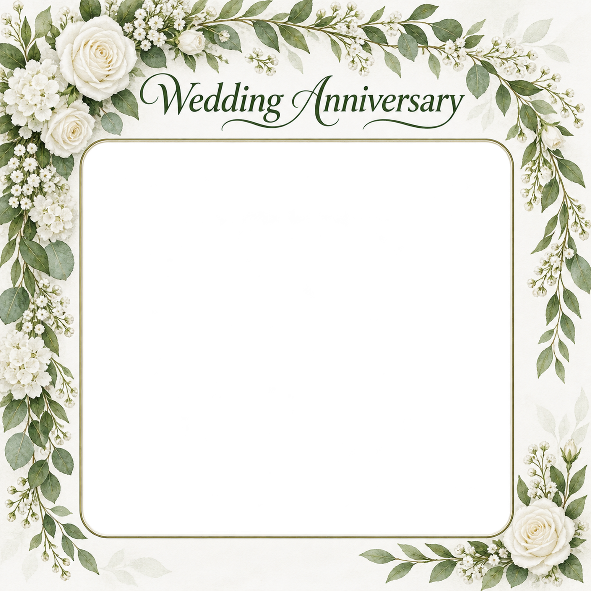 結婚記念日写真フレーム｜白いバラと小花・葉飾りのアーチの無料イラスト 101205に写真・文字を入れる