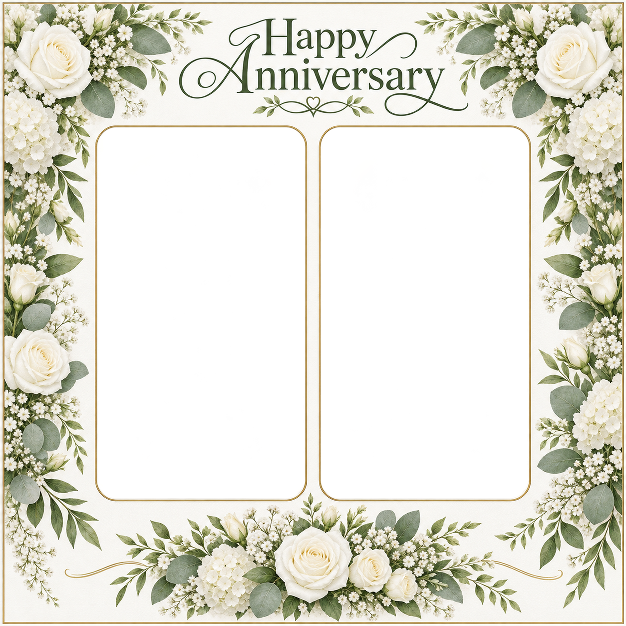 結婚記念日写真フレーム｜白いバラと小花・ふたつの晴れ姿の無料イラスト 101206に写真・文字を入れる