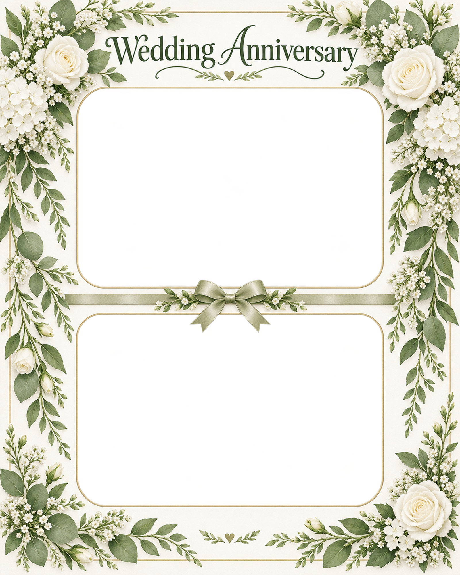 結婚記念日写真フレーム｜白いバラと小花・上下に残すふたりの思い出の無料イラスト 101207に写真・文字を入れる