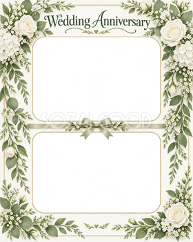 結婚記念日写真フレーム｜白いバラと小花・上下に残すふたりの思い出の無料イラスト 101207