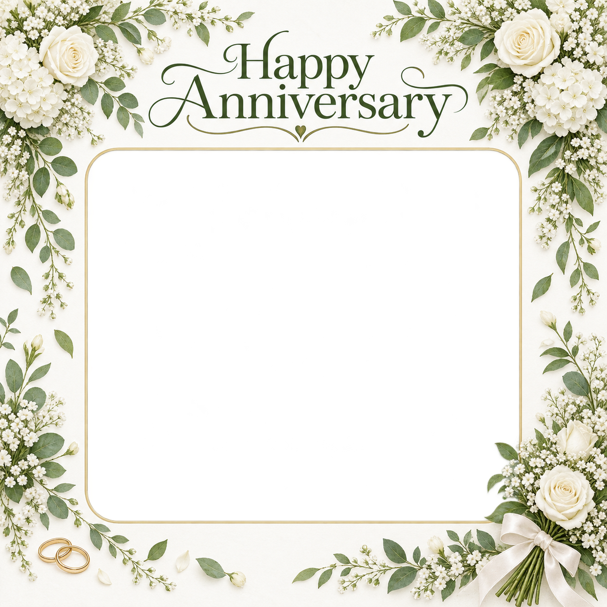結婚記念日写真フレーム｜白いバラと小花・花束と小さな指輪の無料イラスト 101208に写真・文字を入れる
