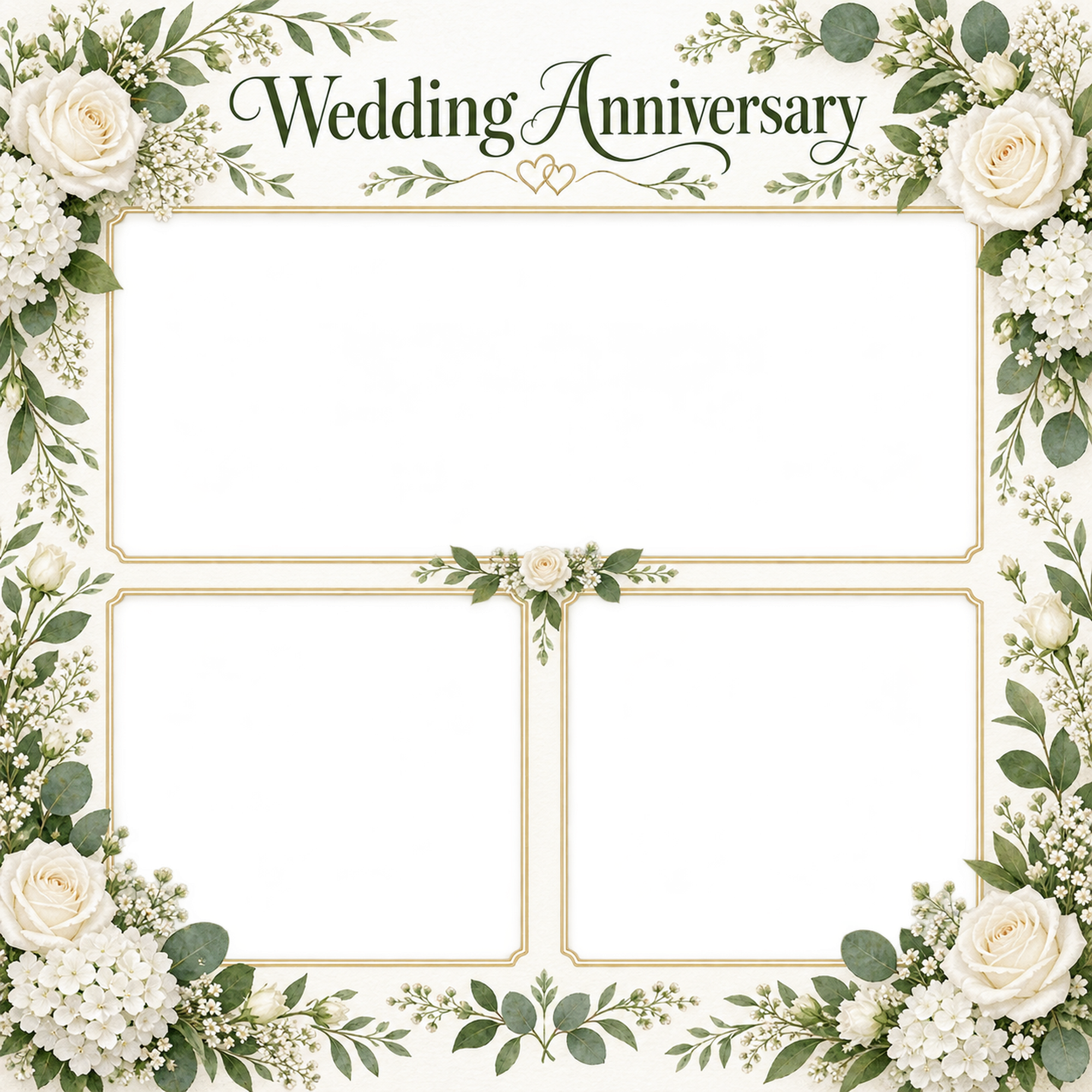 結婚記念日写真フレーム｜白いバラと小花・三つの記念写真の無料イラスト 101209に写真・文字を入れる