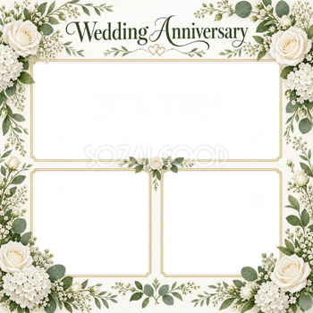 結婚記念日写真フレーム｜白いバラと小花・三つの記念写真の無料イラスト 101209