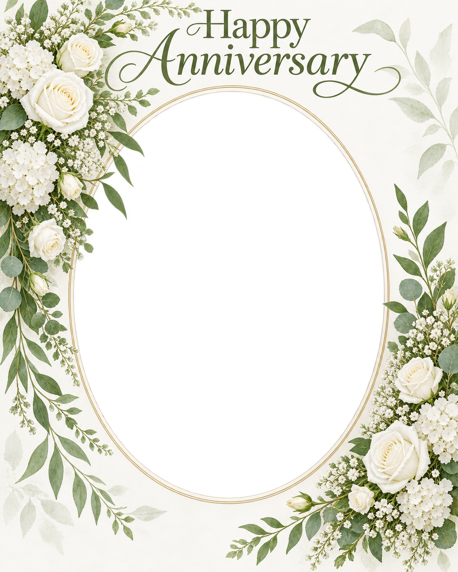 結婚記念日写真フレーム｜白いバラと小花・葉と花の縦長楕円フレームの無料イラスト 101210に写真・文字を入れる