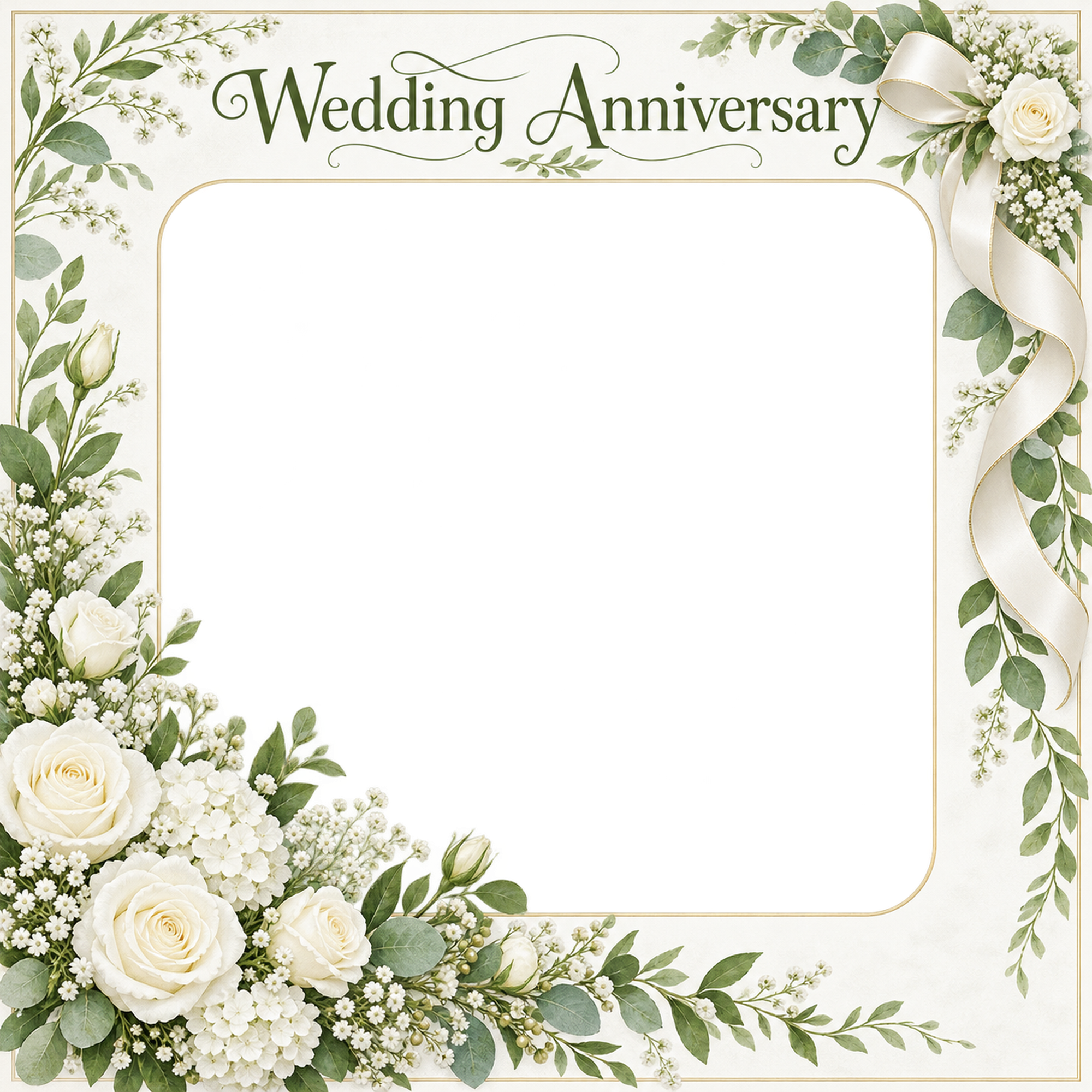 結婚記念日写真フレーム｜白いバラと小花・白い花の華やかなフレームの無料イラスト 101211に写真・文字を入れる