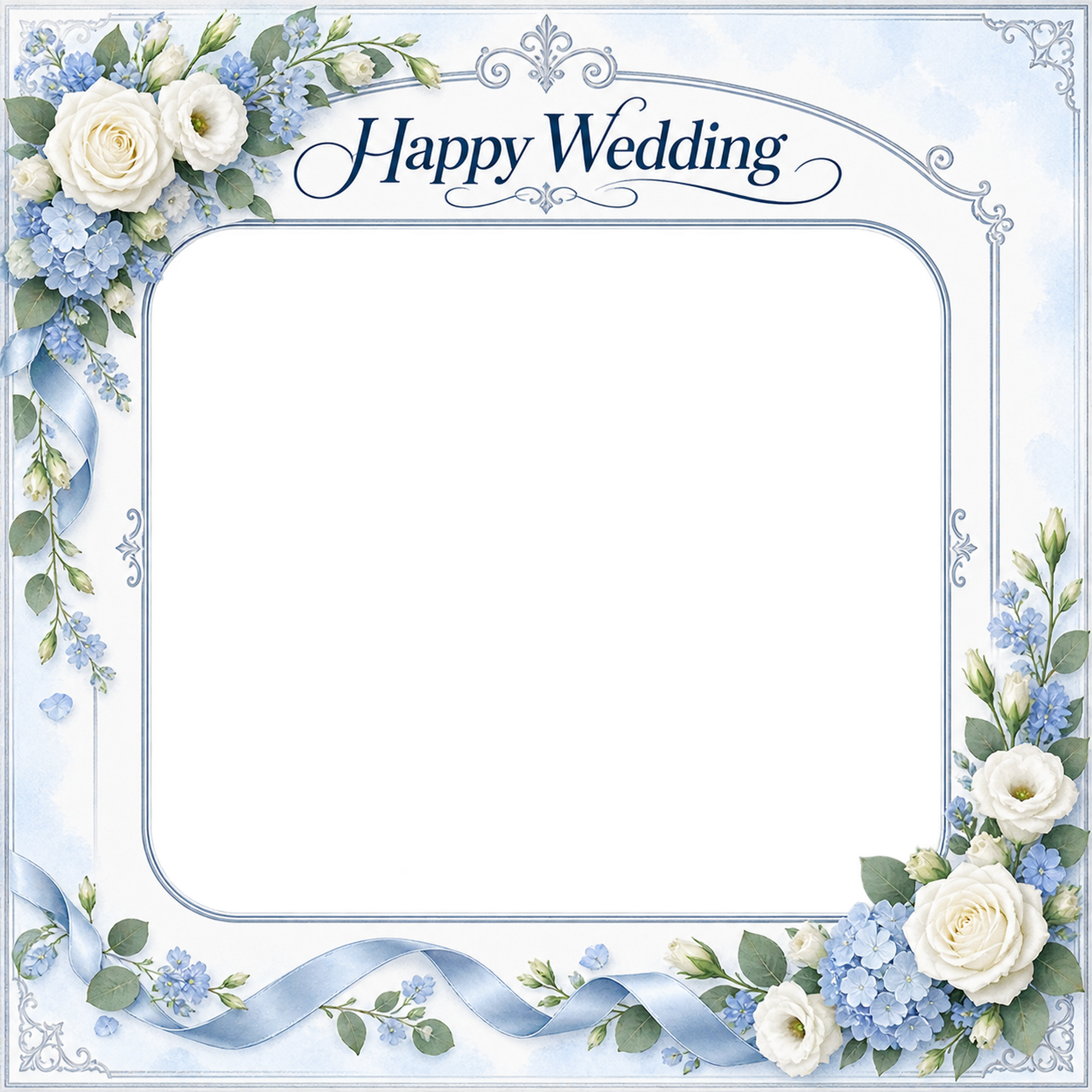 ブルーの結婚・結婚記念日写真フレーム｜白い花とブルーの小花・花の角飾りと細いリボンの無料イラスト 101215に写真・文字を入れる