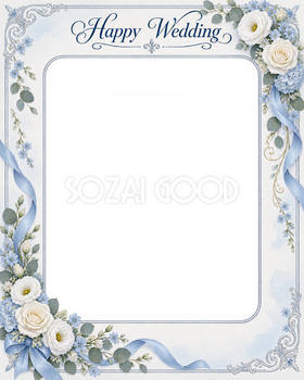 ブルーの結婚・結婚記念日写真フレーム｜白い花とブルーの小花・小さな花束の縦長カードの無料イラスト 101216