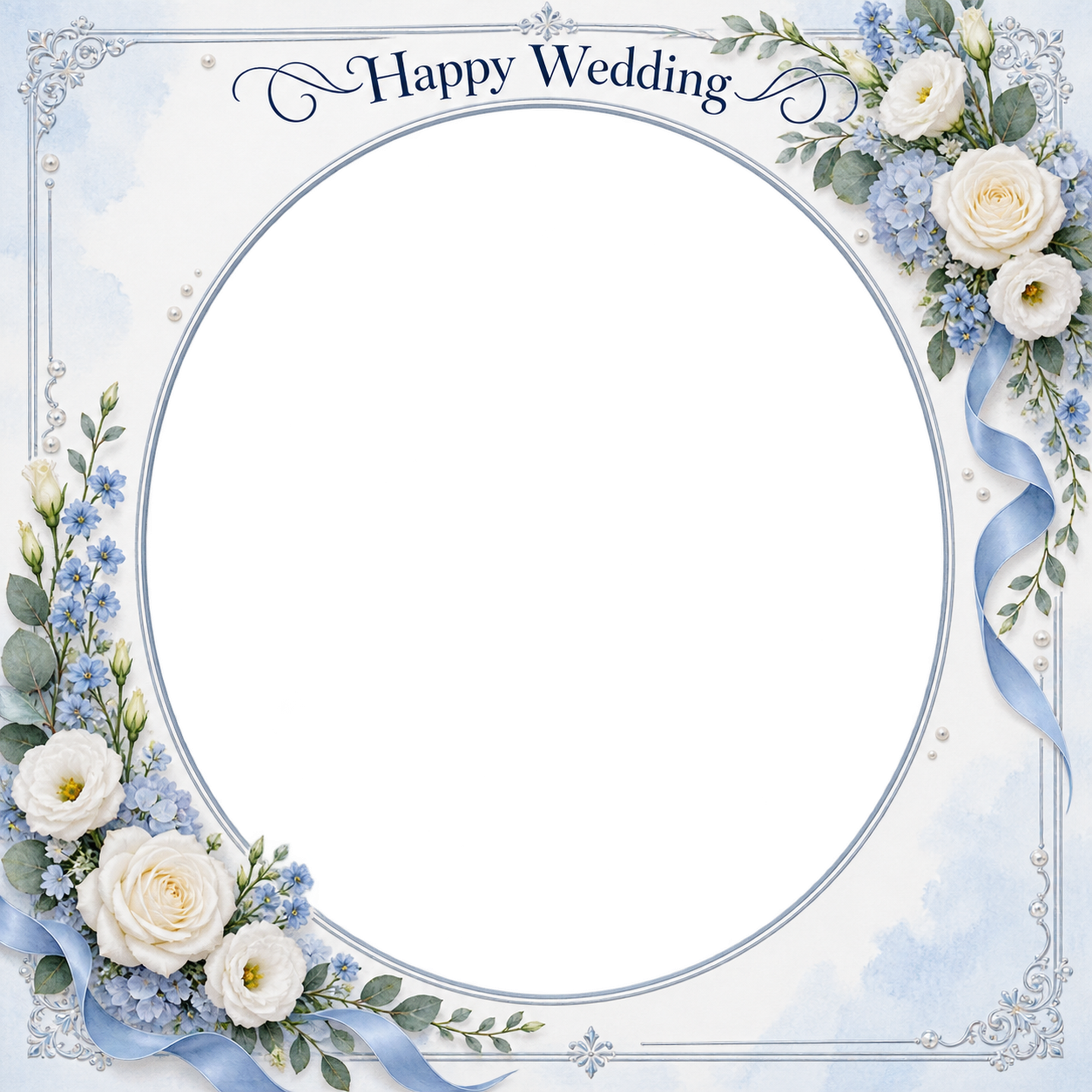 ブルーの結婚・結婚記念日写真フレーム｜白い花とブルーの小花・花と小さな真珠の楕円の無料イラスト 101217に写真・文字を入れる