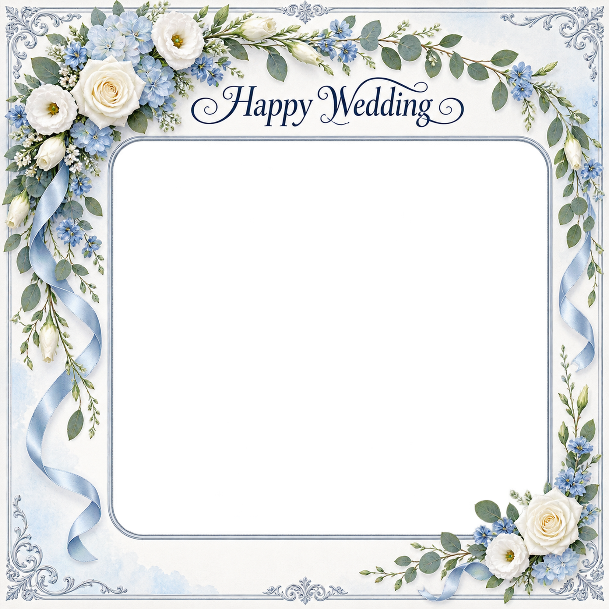 ブルーの結婚・結婚記念日写真フレーム｜白い花とブルーの小花・葉飾りのアーチの無料イラスト 101218に写真・文字を入れる