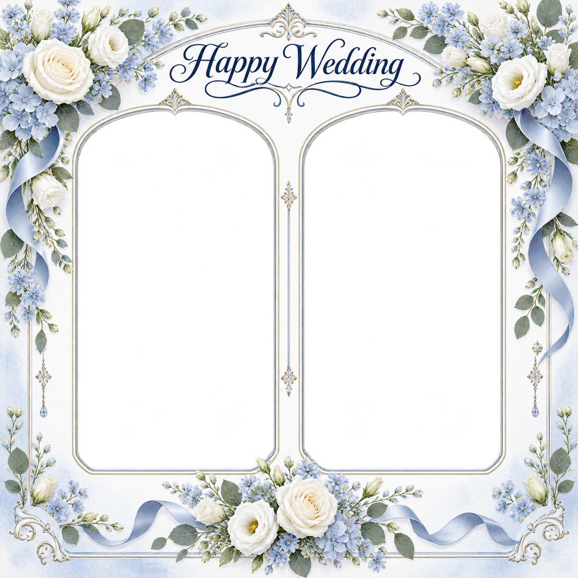 ブルーの結婚・結婚記念日写真フレーム｜白い花とブルーの小花・ふたつの晴れ姿の無料イラスト 101219に写真・文字を入れる