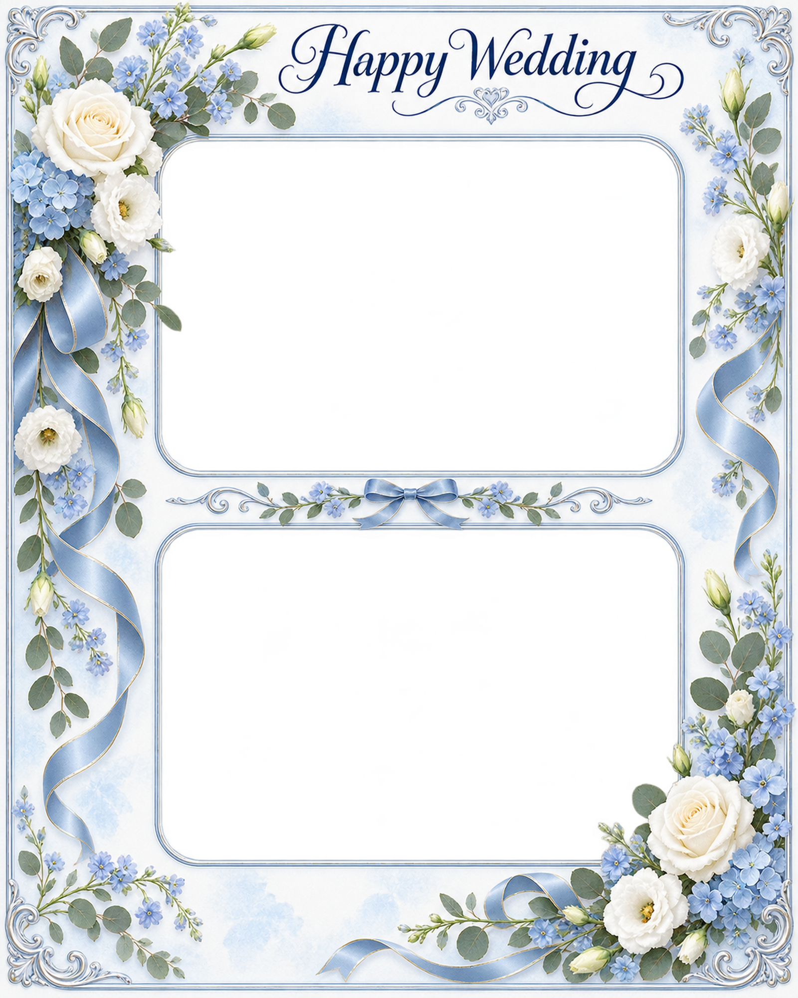 ブルーの結婚・結婚記念日写真フレーム｜白い花とブルーの小花・上下に残すふたりの思い出の無料イラスト 101220に写真・文字を入れる