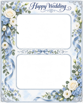 ブルーの結婚・結婚記念日写真フレーム｜白い花とブルーの小花・上下に残すふたりの思い出の無料イラスト 101220
