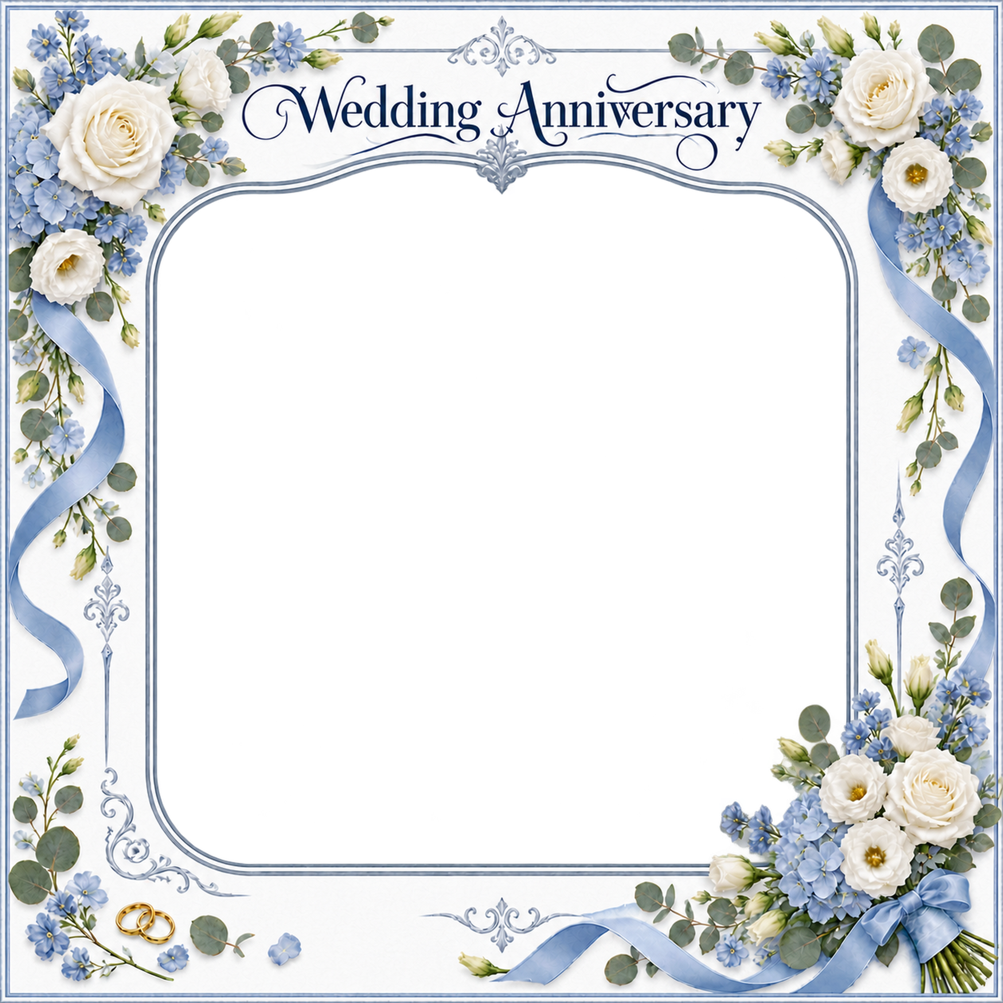 ブルーの結婚・結婚記念日写真フレーム｜白い花とブルーの小花・花束と小さな指輪の無料イラスト 101221に写真・文字を入れる