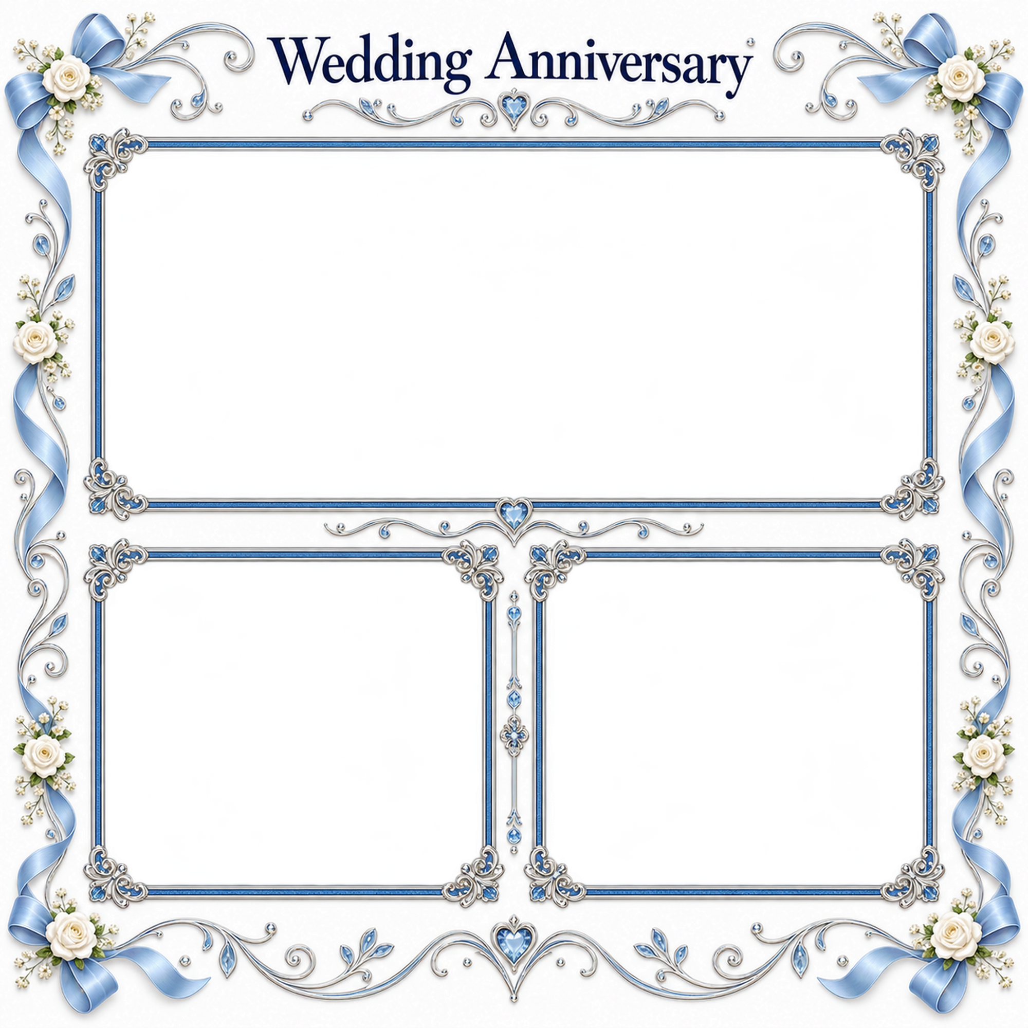 ブルーの結婚・結婚記念日写真フレーム｜白い花とブルーの小花・三つの記念写真の無料イラスト 101222に写真・文字を入れる