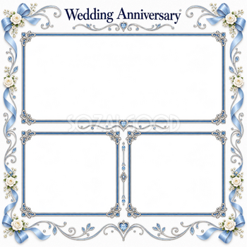 ブルーの結婚・結婚記念日写真フレーム｜白い花とブルーの小花・三つの記念写真の無料イラスト 101222