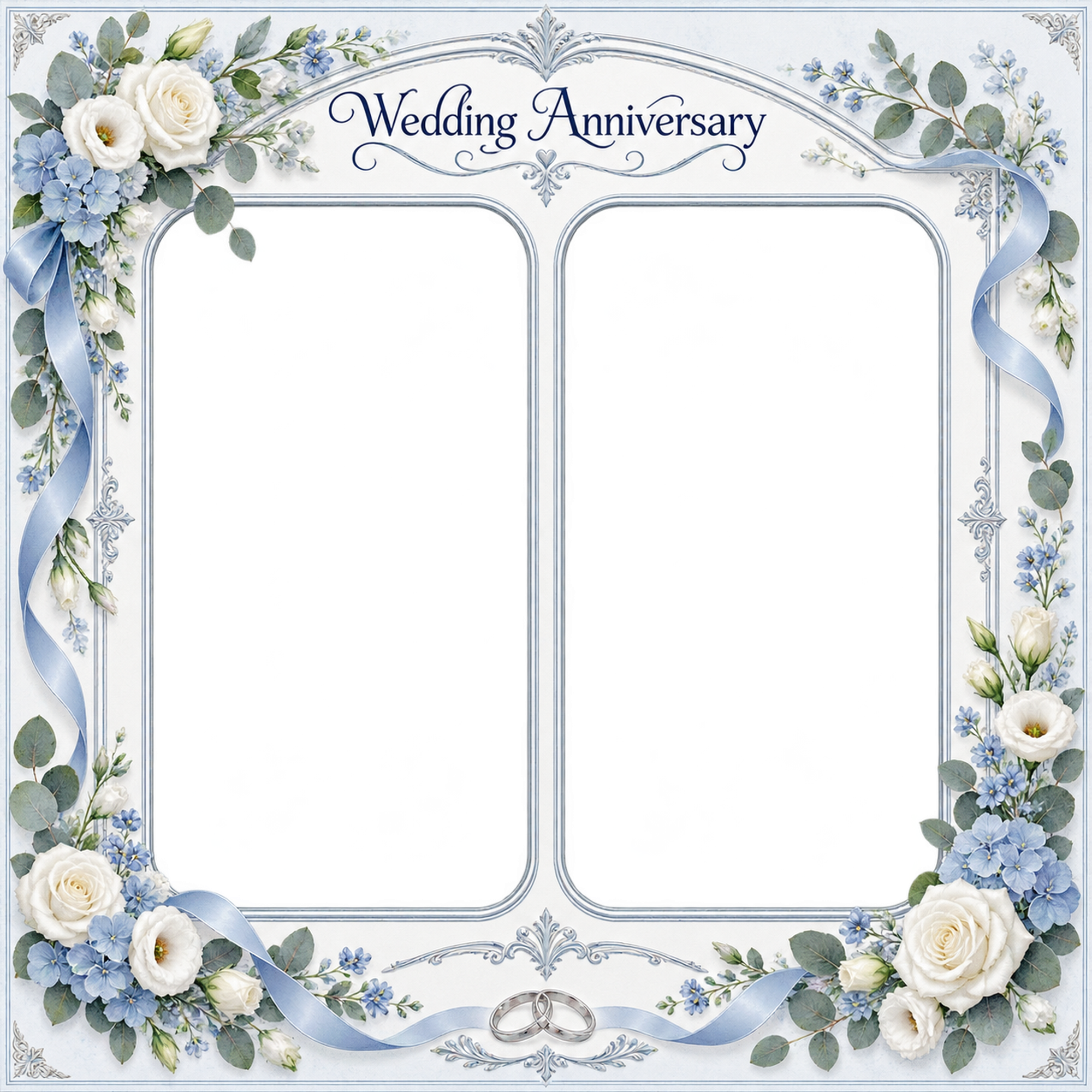 ブルーの結婚・結婚記念日写真フレーム｜白い花とブルーの小花・並んだふたりの記念写真の無料イラスト 101225に写真・文字を入れる