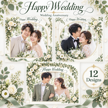 白い花のアーチの結婚写真フレーム12選｜結婚記念日にも使える無料イラスト素材 101227