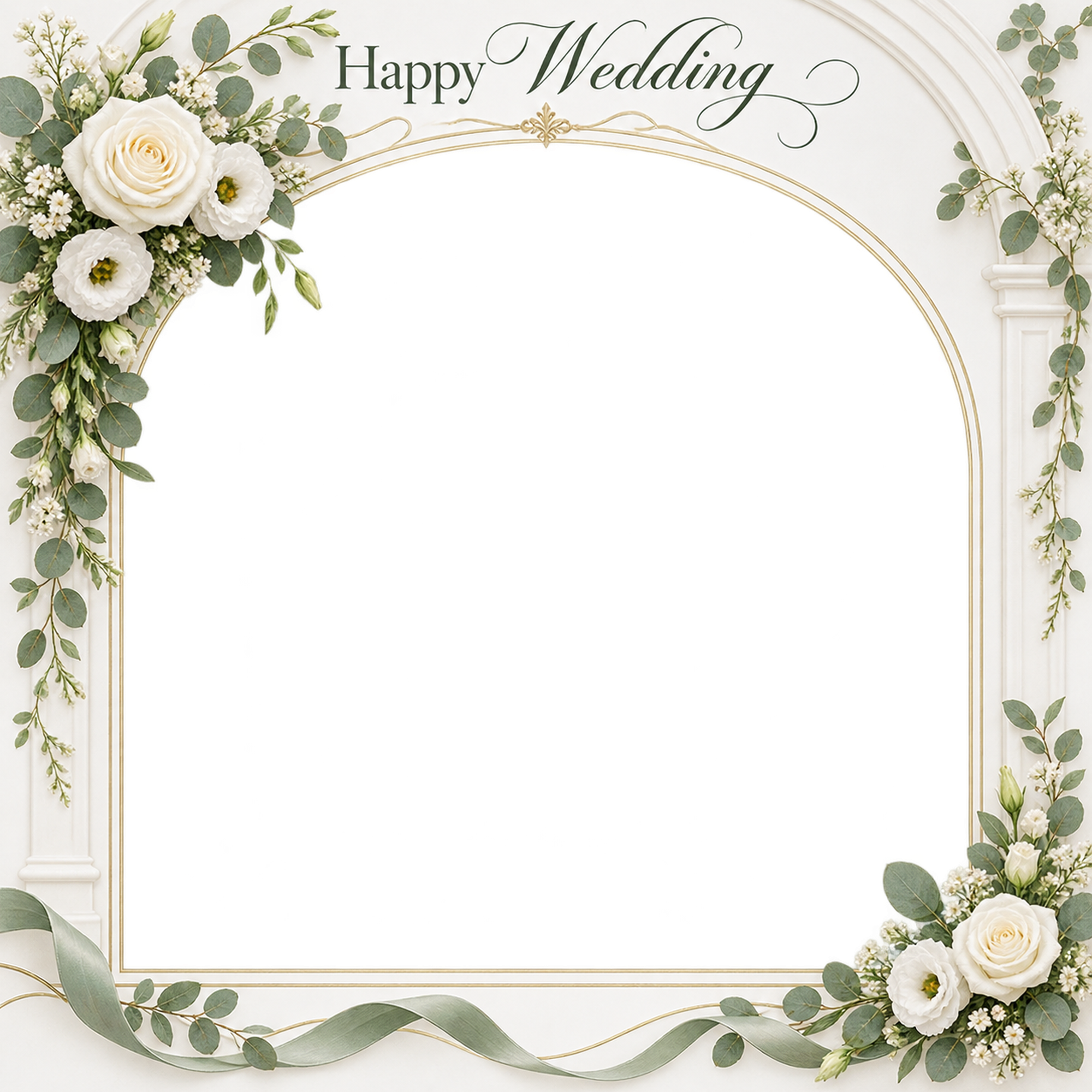 白い花のアーチ｜結婚写真フレーム・花の角飾りと細いリボンの無料イラスト 101228に写真・文字を入れる