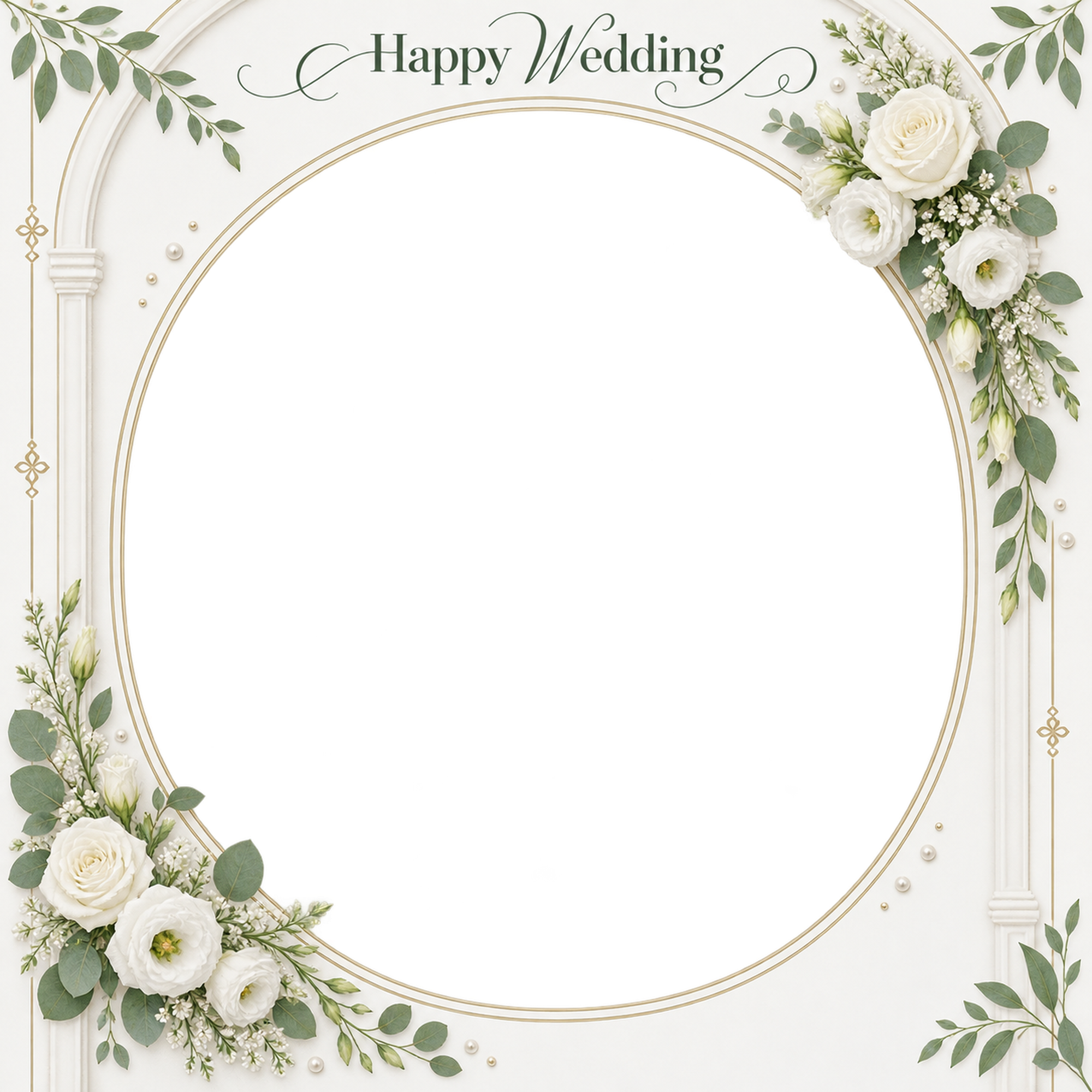 白い花のアーチ｜結婚写真フレーム・花と小さな真珠の楕円の無料イラスト 101230に写真・文字を入れる