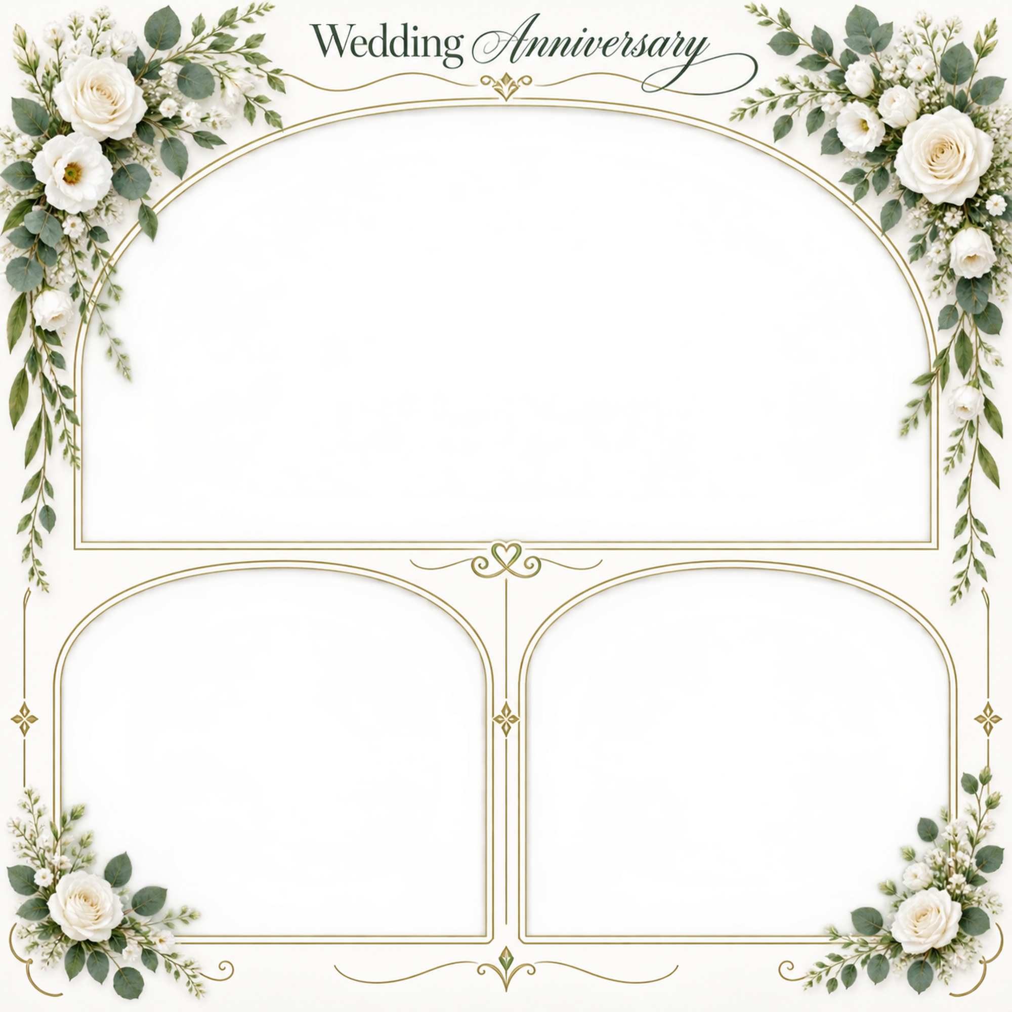 白い花のアーチ｜結婚写真フレーム・三つの記念写真の無料イラスト 101235に写真・文字を入れる