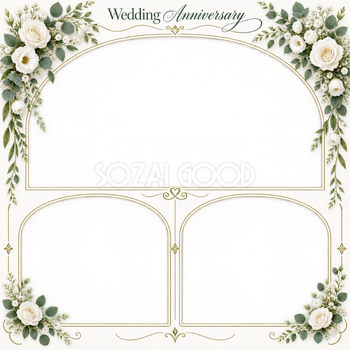 白い花のアーチ｜結婚写真フレーム・三つの記念写真の無料イラスト 101235