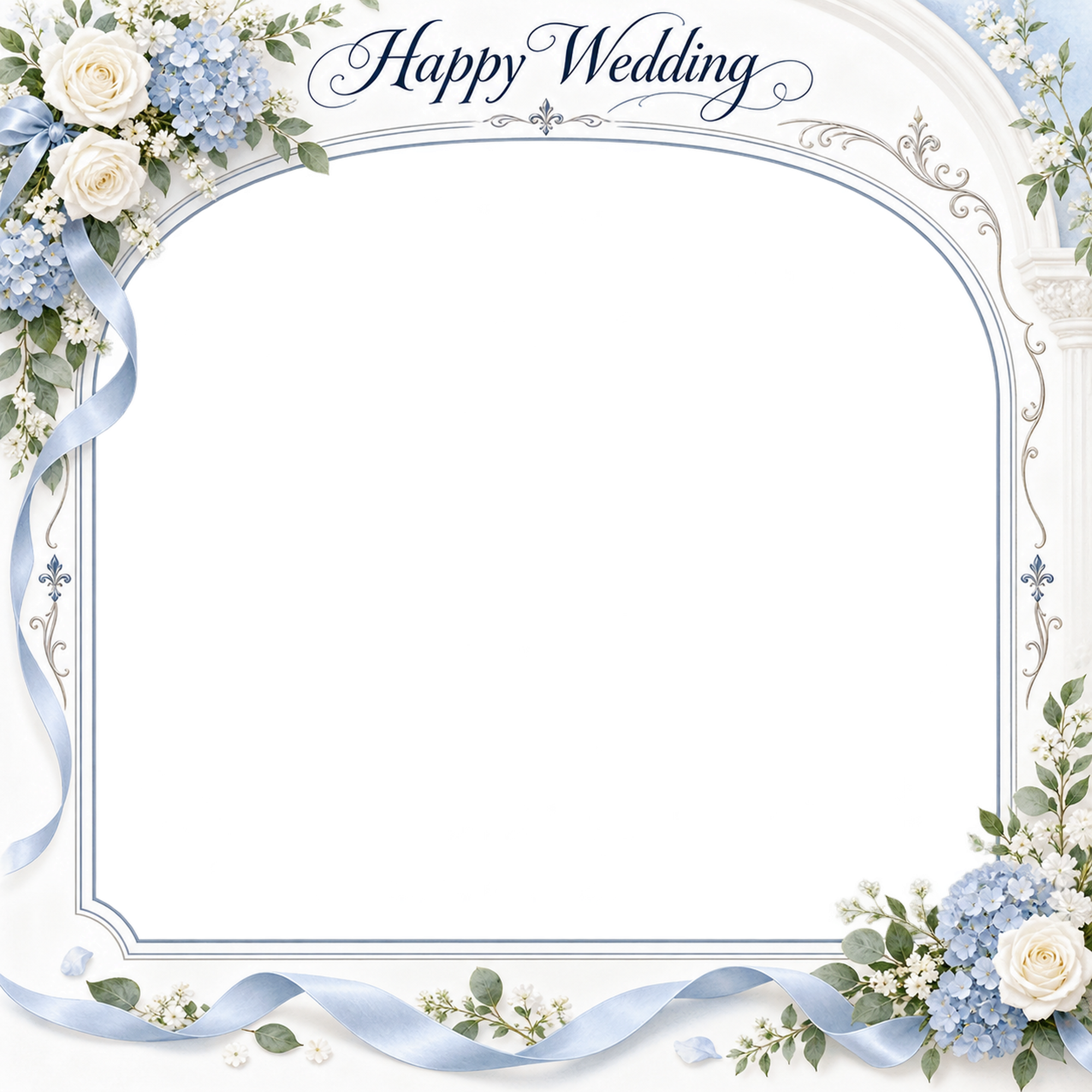 ブルーの花のアーチ｜結婚写真フレーム・花の角飾りと細いリボンの無料イラスト 101241に写真・文字を入れる