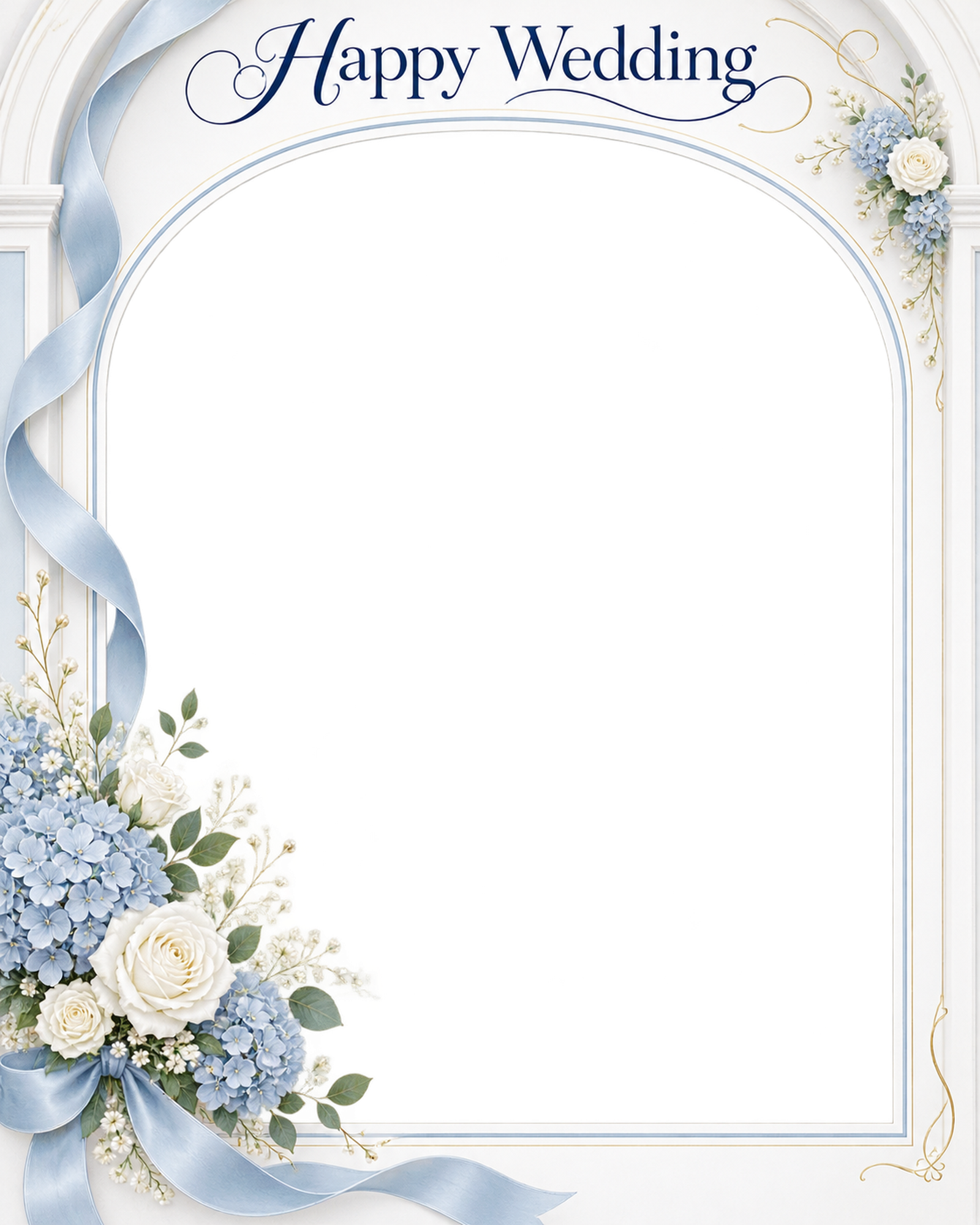 ブルーの花のアーチ｜結婚写真フレーム・小さな花束の縦長カードの無料イラスト 101242に写真・文字を入れる