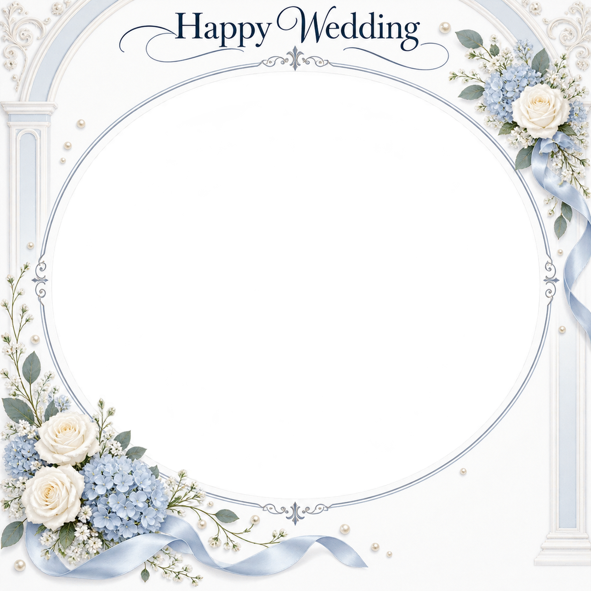 ブルーの花のアーチ｜結婚写真フレーム・花と小さな真珠の楕円の無料イラスト 101243に写真・文字を入れる