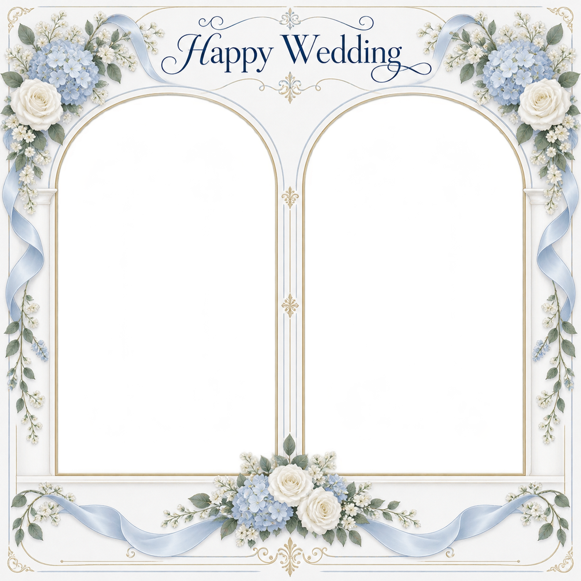 ブルーの花のアーチ｜結婚写真フレーム・ふたつの晴れ姿の無料イラスト 101245に写真・文字を入れる