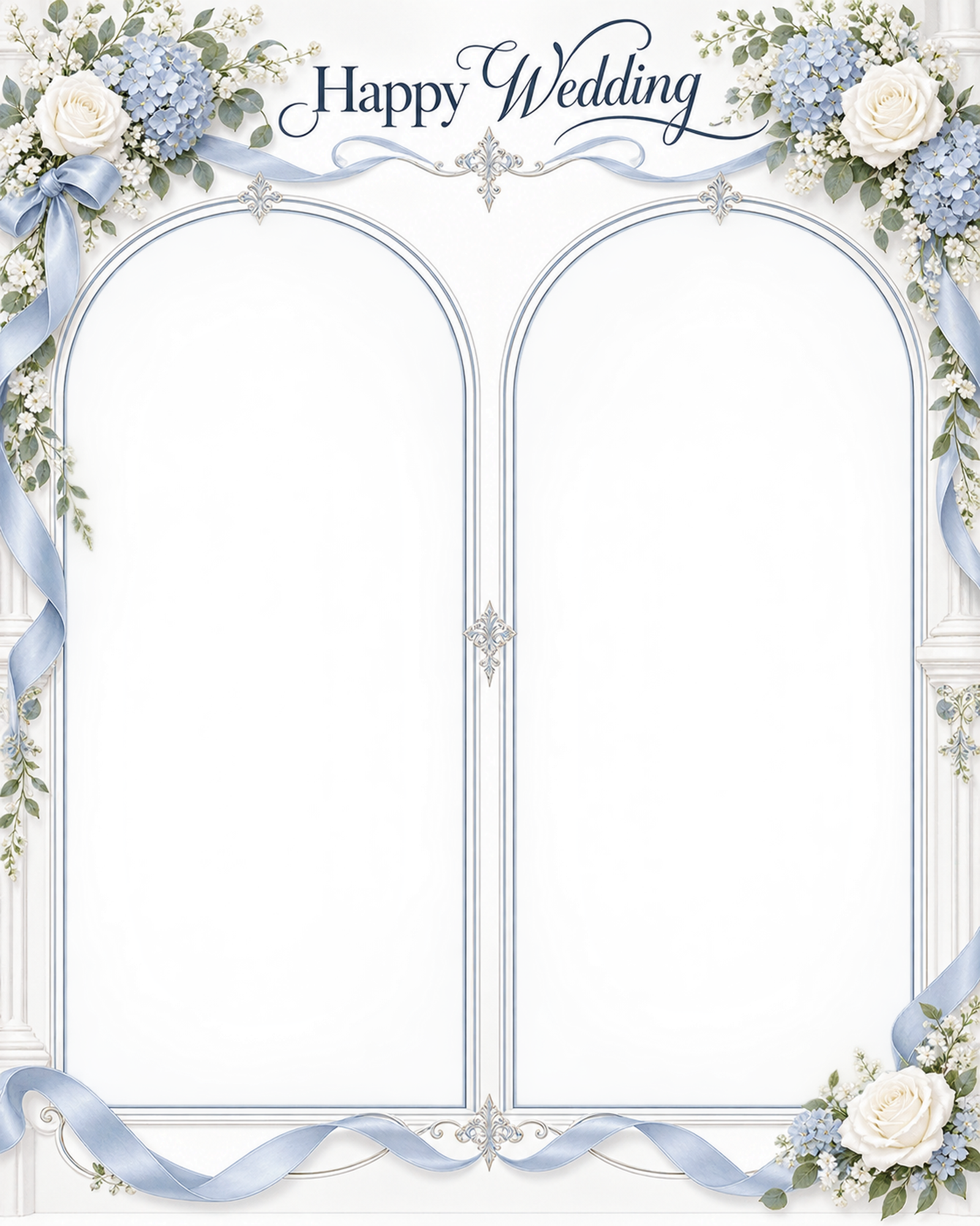 ブルーの花のアーチ｜結婚写真フレーム・ふたりの写真を飾る縦長フレームの無料イラスト 101246に写真・文字を入れる