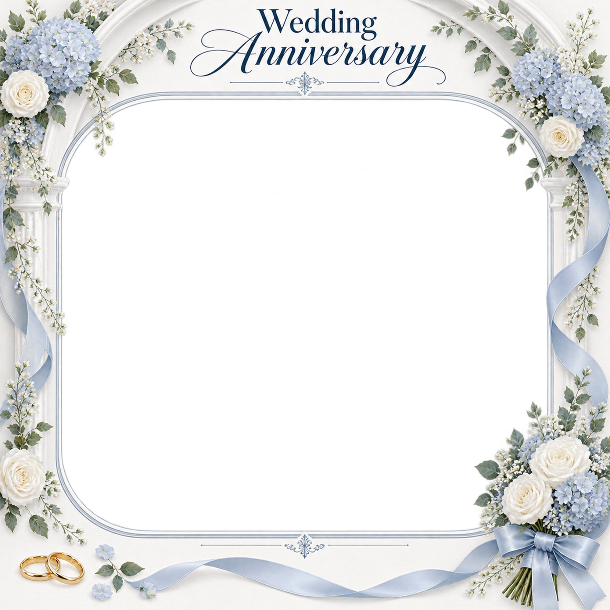 ブルーの花のアーチ｜結婚写真フレーム・花束と曲線の写真フレームの無料イラスト 101247に写真・文字を入れる