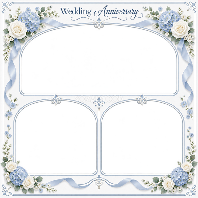 ブルーの結婚写真枠3枚用
