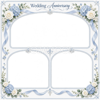 ブルーの花のアーチ｜結婚写真フレーム・三つの記念写真の無料イラスト 101248