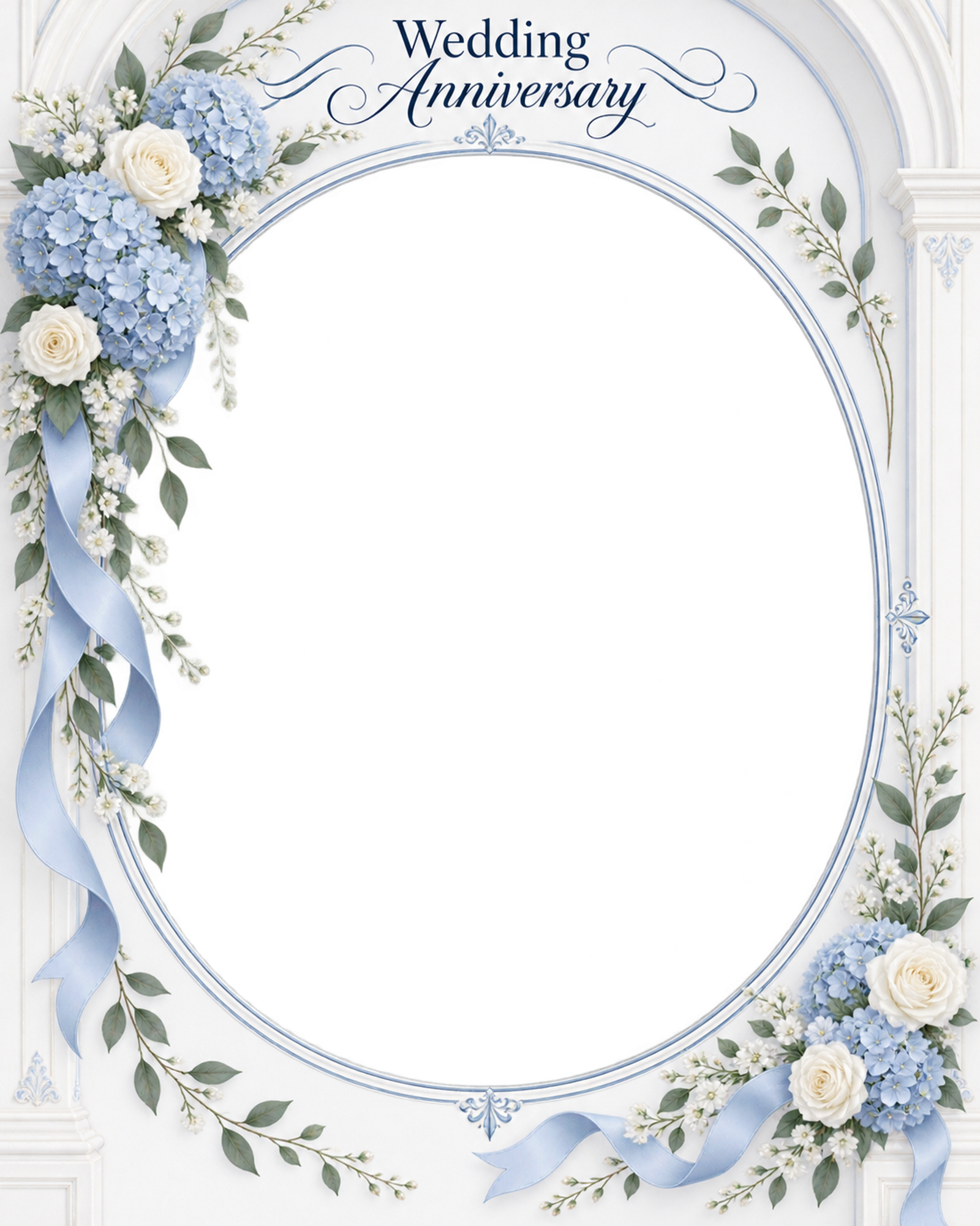 ブルーの花のアーチ｜結婚写真フレーム・葉と花の縦長楕円フレームの無料イラスト 101249に写真・文字を入れる