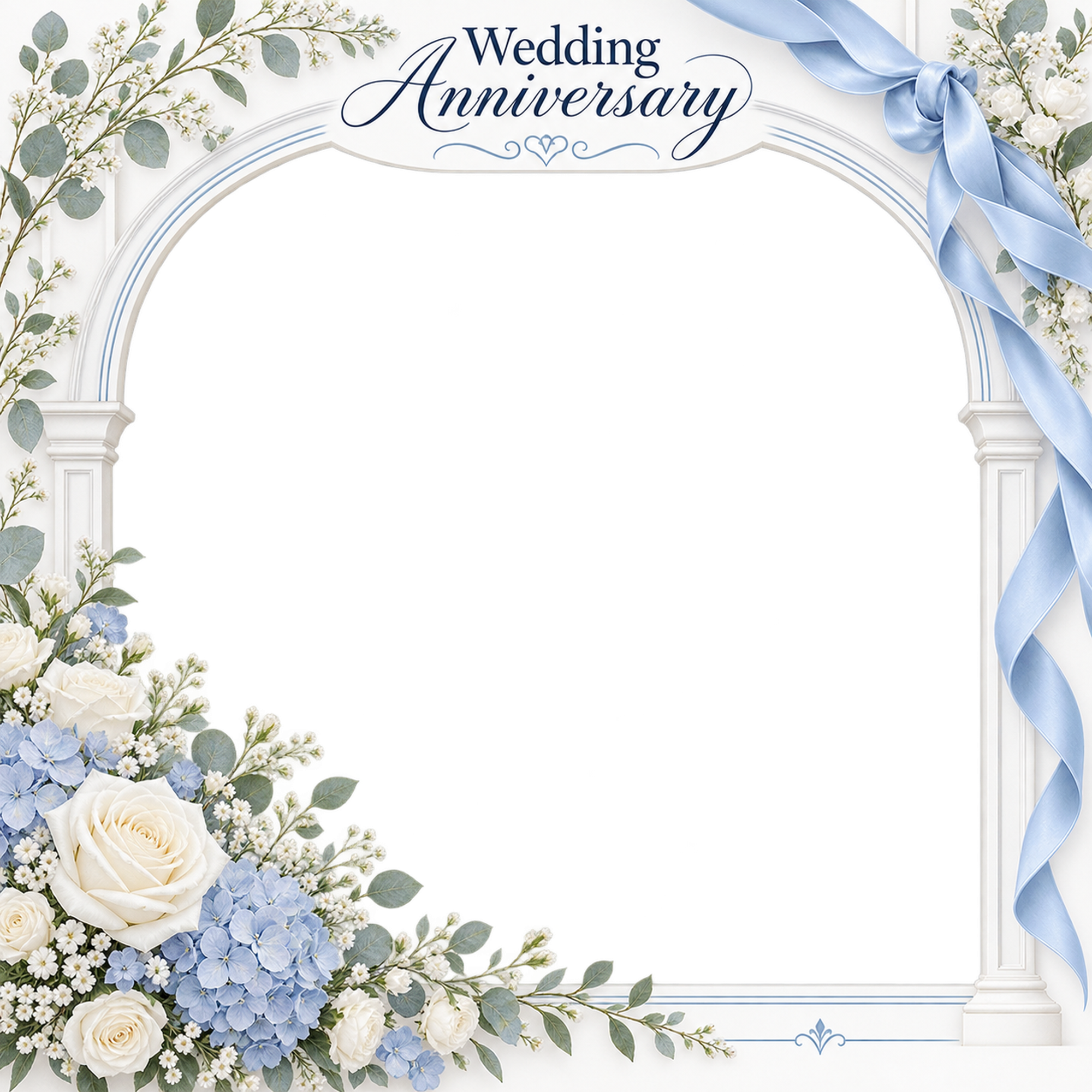 ブルーの花のアーチ｜結婚写真フレーム・白い花の華やかなフレームの無料イラスト 101250に写真・文字を入れる