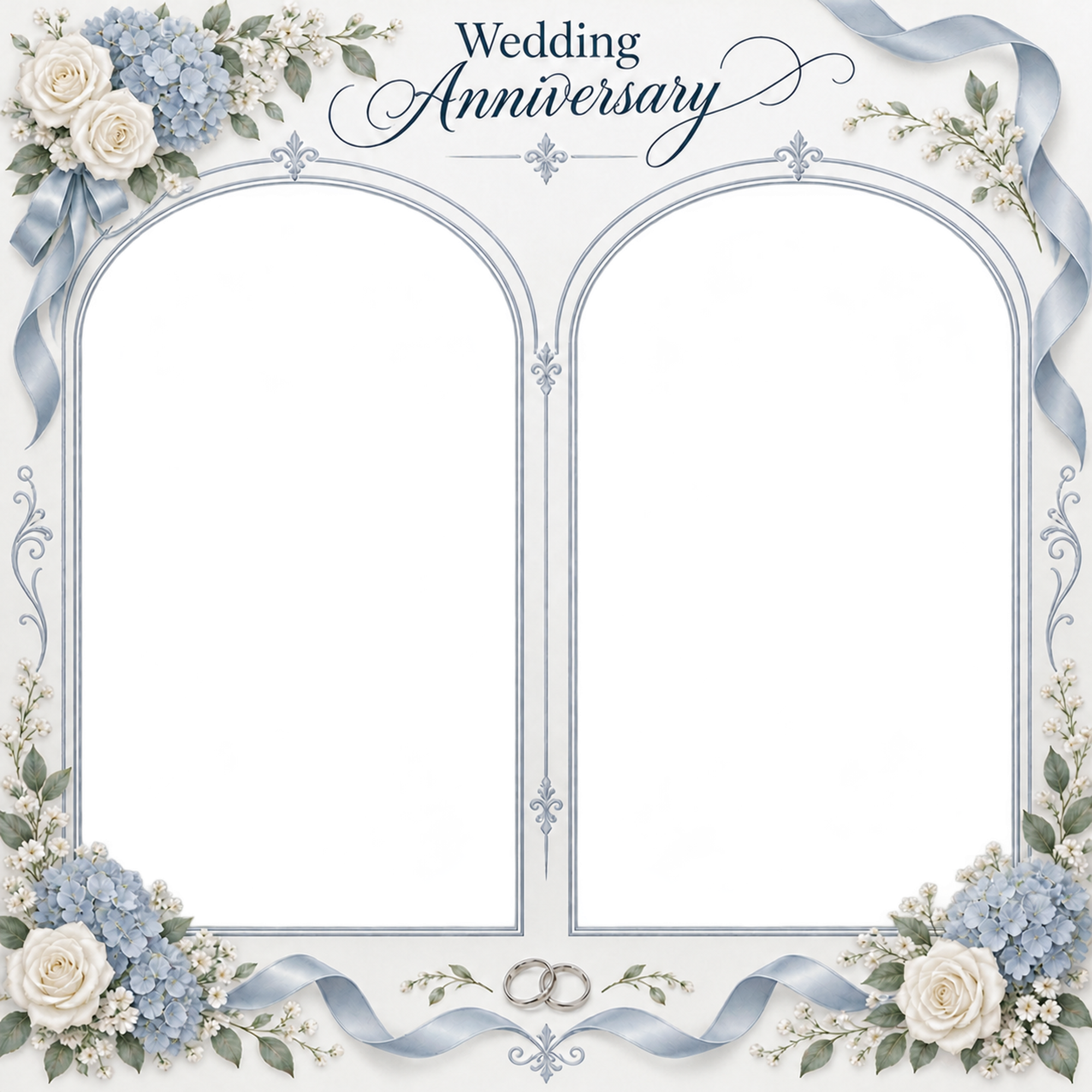 ブルーの花のアーチ｜結婚写真フレーム・並んだふたりの記念写真の無料イラスト 101251に写真・文字を入れる