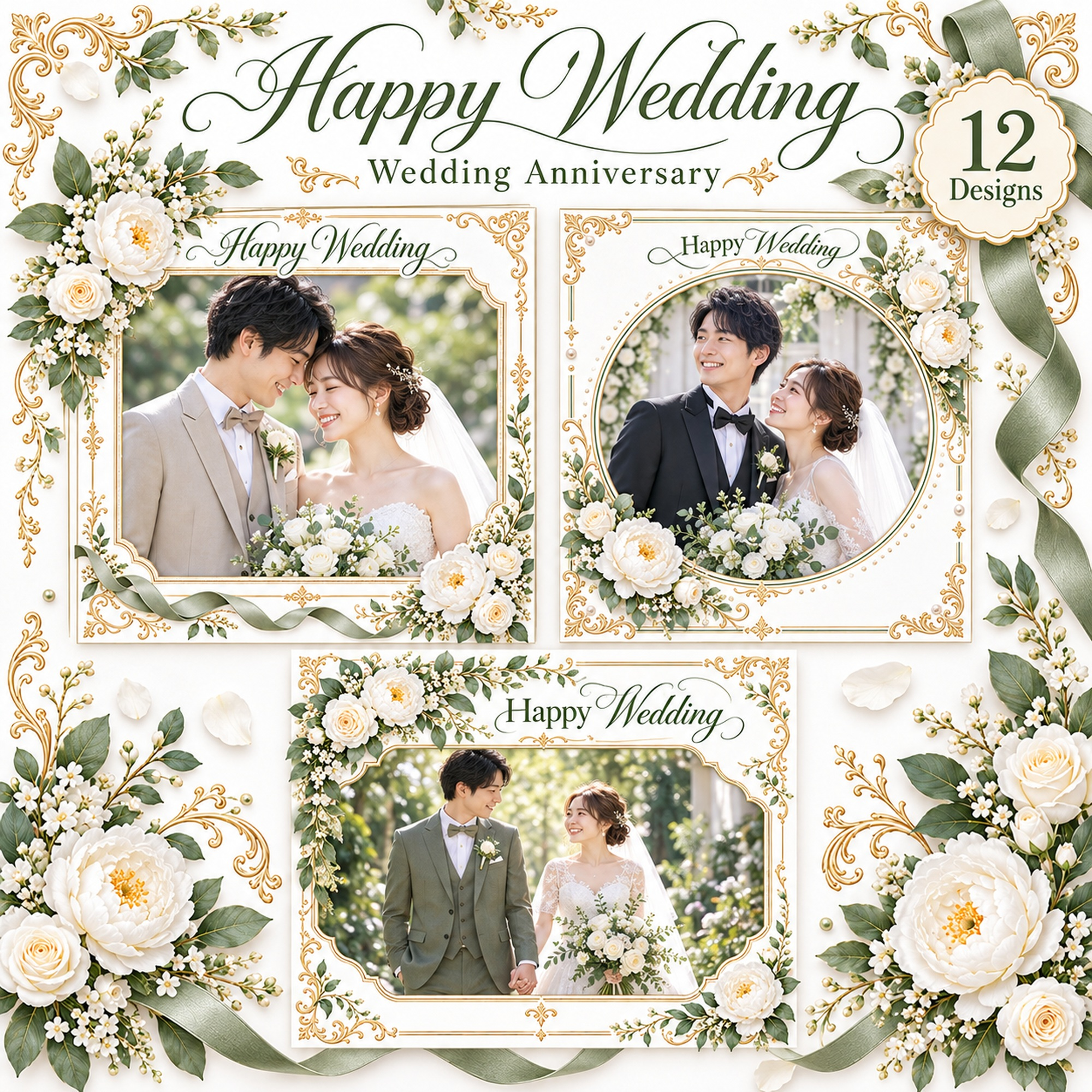 白グリーンの飾り枠の結婚写真フレーム12選｜結婚記念日にも使える無料イラスト素材 101253に写真・文字を入れる