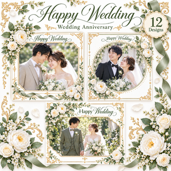 白グリーンの飾り枠の結婚写真フレーム12選｜結婚記念日にも使える無料イラスト素材 101253
