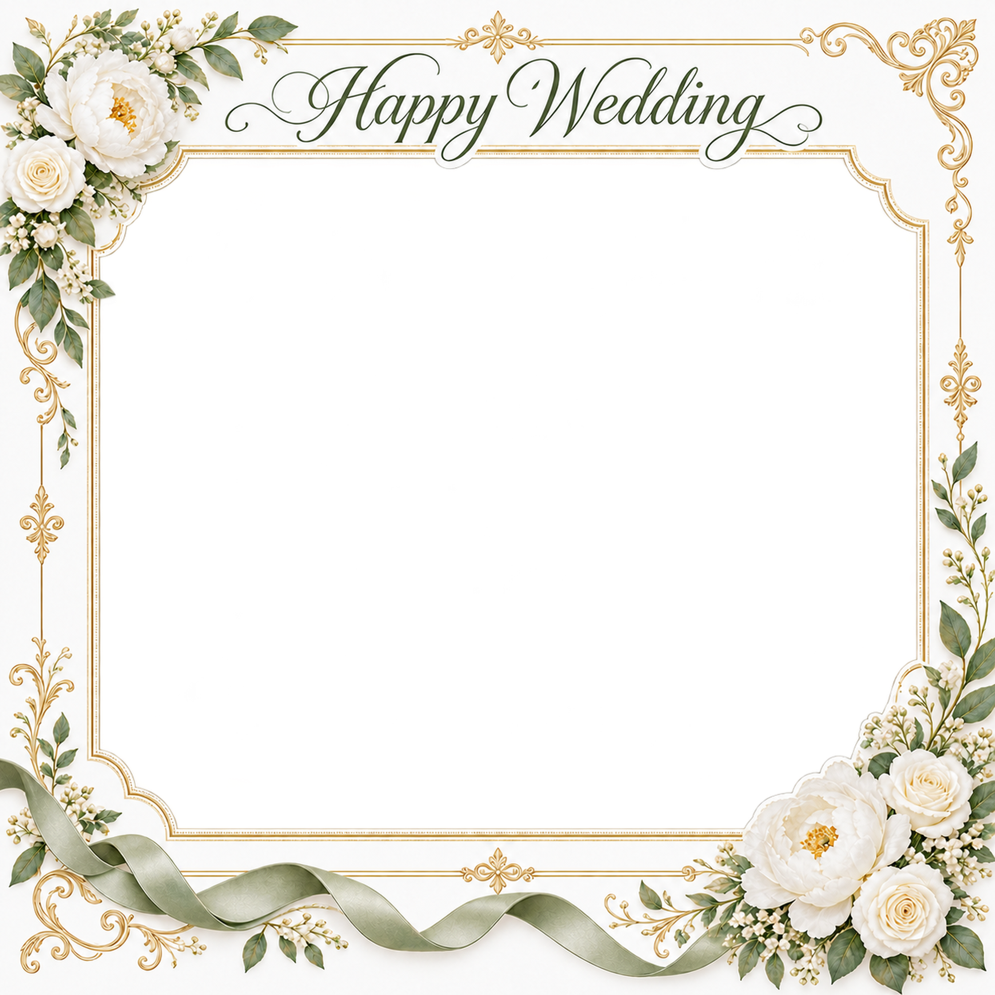 白グリーンの飾り枠｜結婚写真フレーム・花の角飾りと細いリボンの無料イラスト 101254に写真・文字を入れる