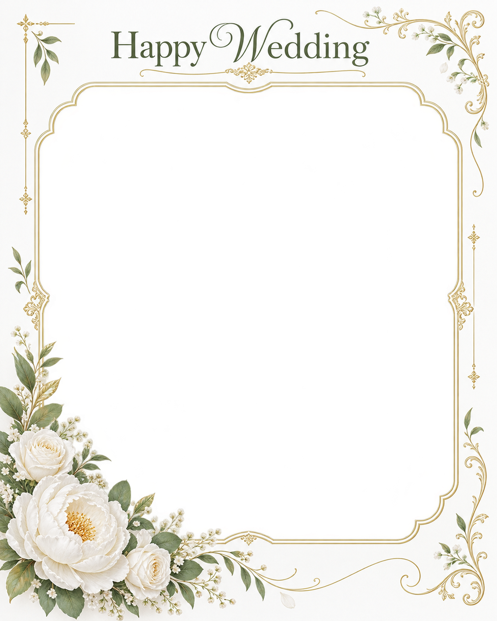 白グリーンの飾り枠｜結婚写真フレーム・小さな花束の縦長カードの無料イラスト 101255に写真・文字を入れる