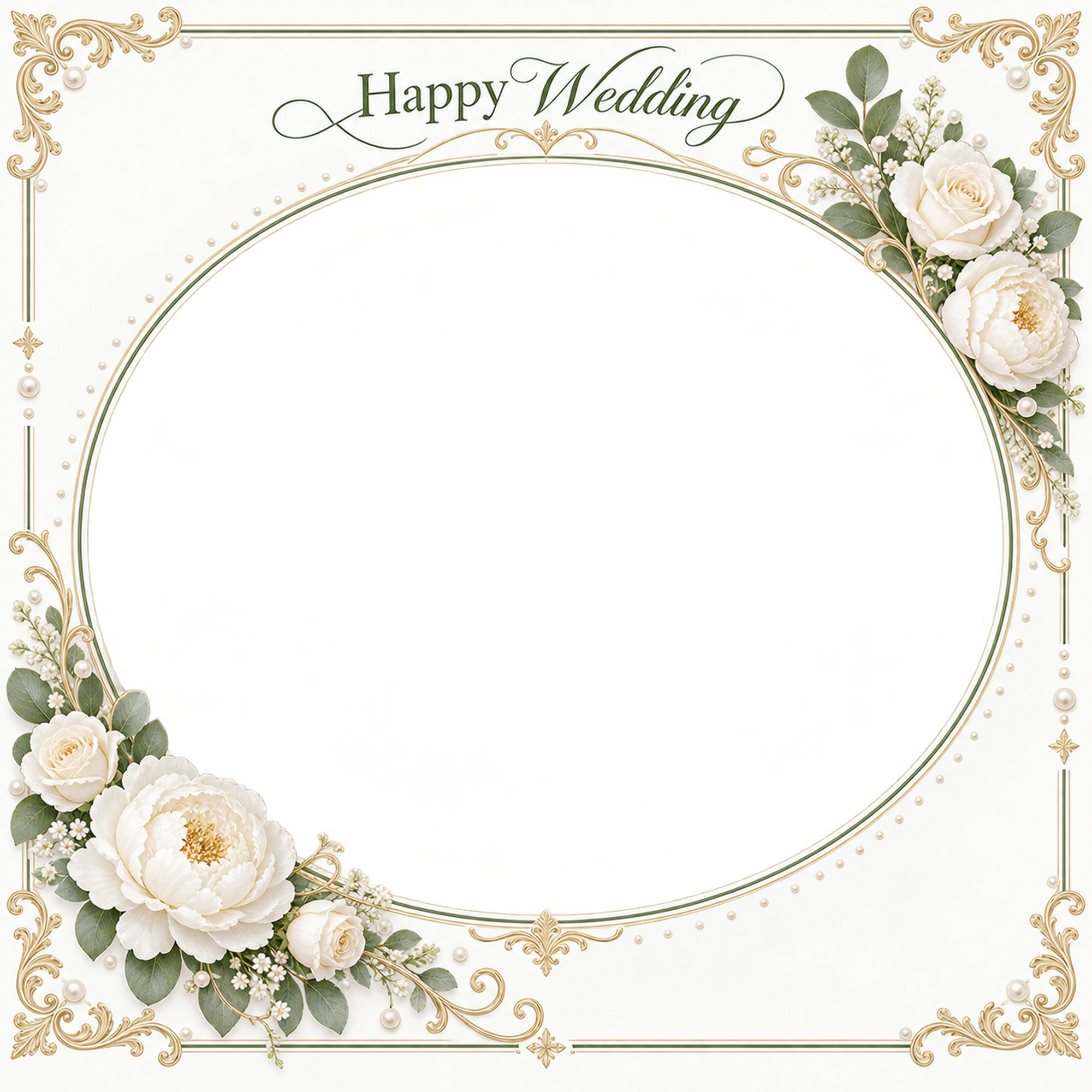 白グリーンの飾り枠｜結婚写真フレーム・花と小さな真珠の楕円の無料イラスト 101256に写真・文字を入れる