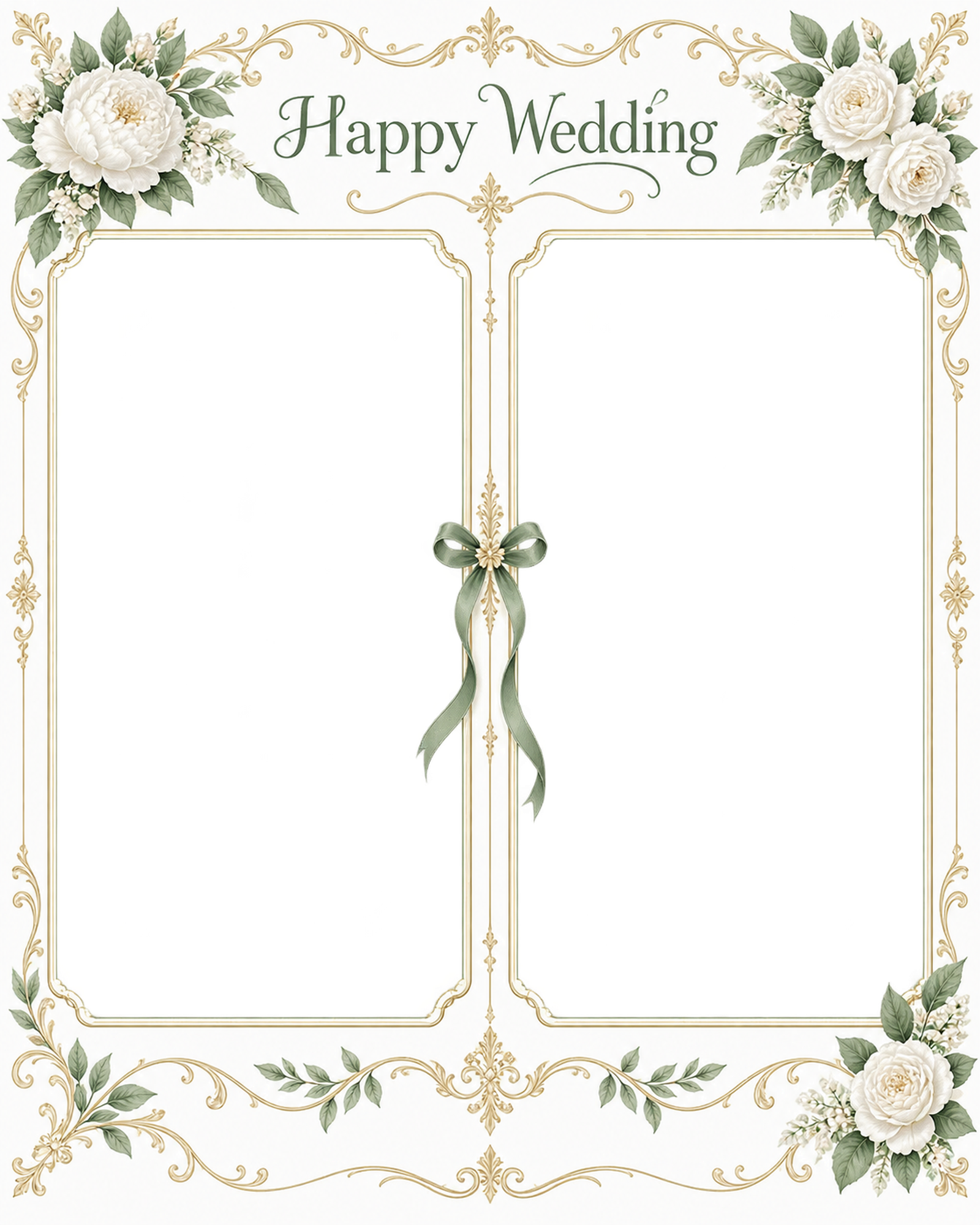 白グリーンの飾り枠｜結婚写真フレーム・ふたりの写真を飾る縦長フレームの無料イラスト 101259に写真・文字を入れる